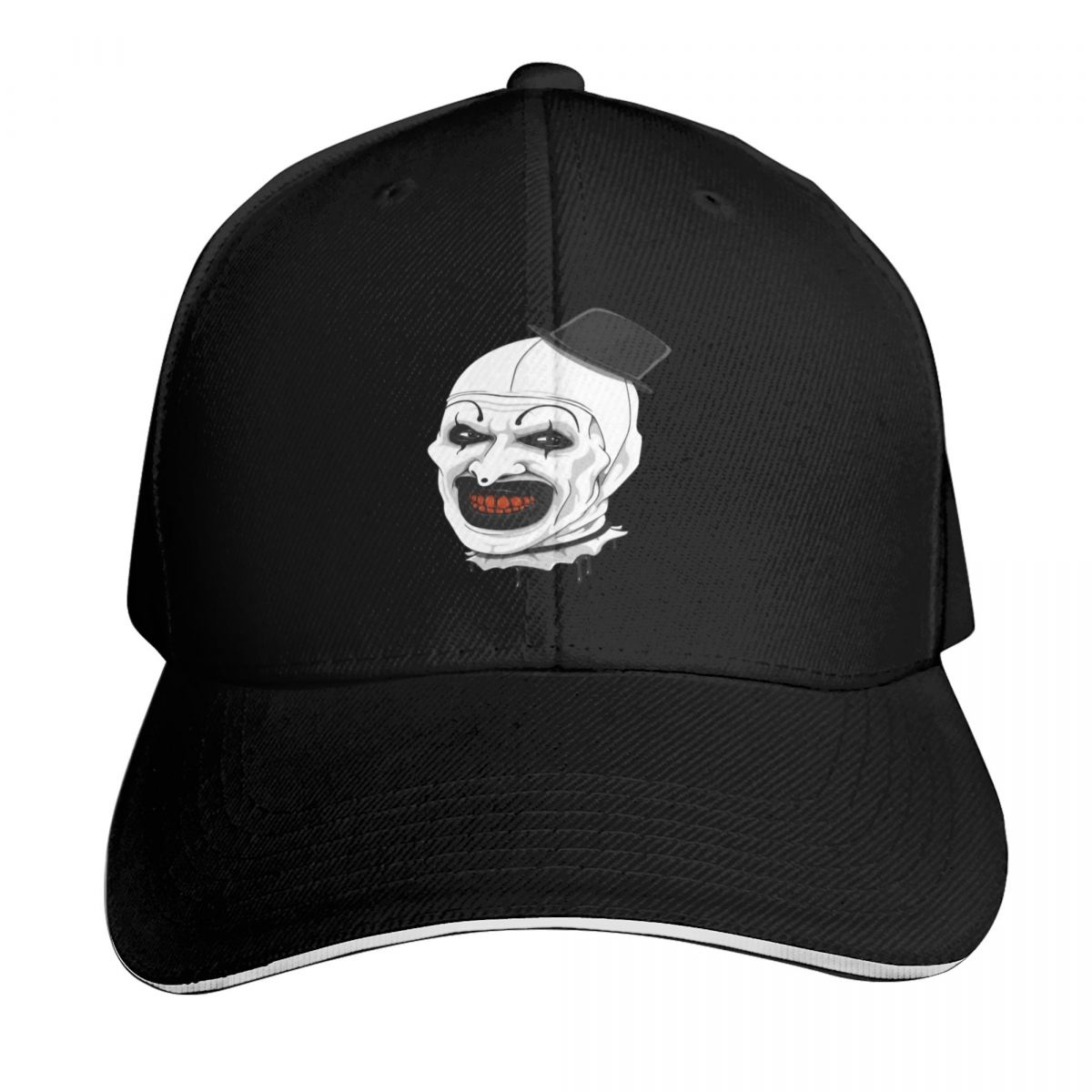 Baseball Cap Structured - 「アート・ザ・クラウン」のホラー映画をモチーフにしたハロウィーン用ベースボールキャップ。スナップバック、フラットバイザー、ストラップバック、ダッドハット、6パネル構造、しっかりとしたつば。