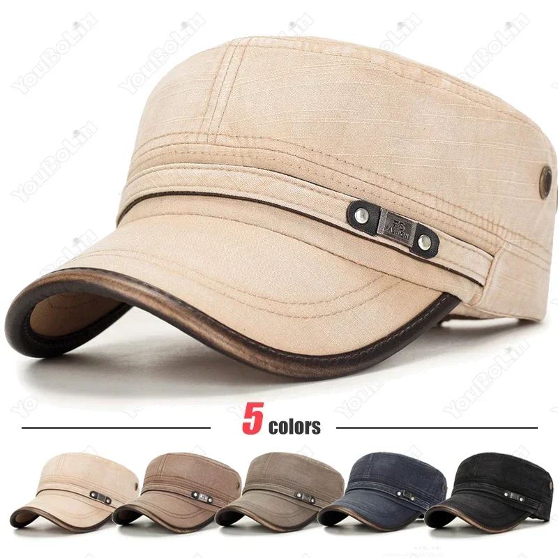 Dad Hat Cotton - ウォッシュ加工のダメージ加工を施したレザートリム付きフラットキャップ、ミリタリーカデット/愛好家向けベースボールキャップ、UVカットトラッカーハット、ダッドハット