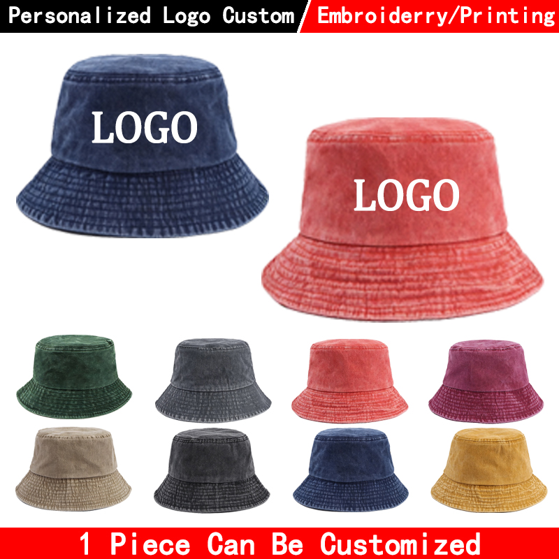 Bucket Hat Cotton - カスタムロゴ入りデニムバケットハット、洗い加工デニムキャップ、メンズパナマハット、レディースアウトドアカジュアル日焼け防止バイザー、フィッシャーマンキャップ。